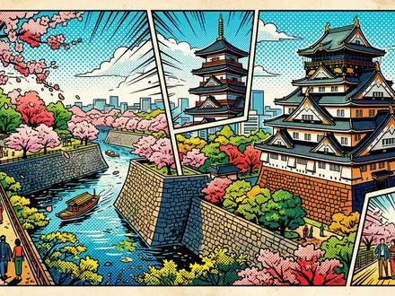 Pop-Art-Comicillustration des Wahrzeichens Burg Osaka in Osaka Japan, kraeftige Konturen Rasterpunkte und satte Farben - Foto: THN