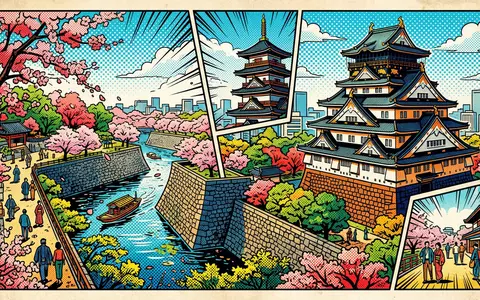 Pop-Art-Comicillustration des Wahrzeichens Burg Osaka in Osaka Japan, kraeftige Konturen Rasterpunkte und satte Farben - Foto: THN