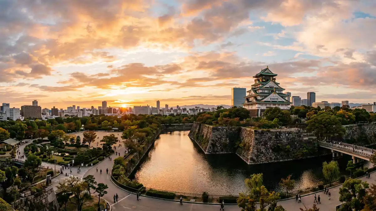 Fotorealistische Ansicht von Burg Osaka in Osaka, Japan im Abendlicht