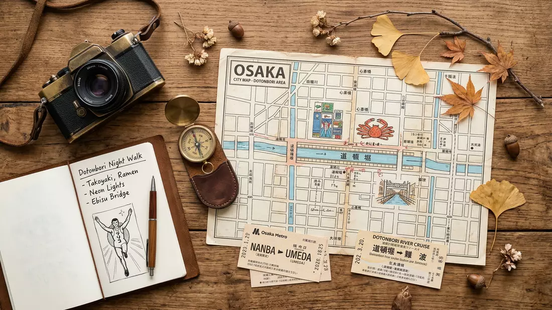 Flatlay-Reise-Arrangement rund um Dotonbori Osaka in Osaka, Japan