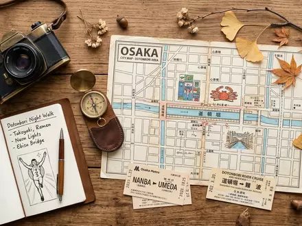 Flatlay-Reise-Arrangement rund um Dotonbori Osaka in Osaka Japan, Karte Kompass Kamera und generische Reiserequisiten - Foto: THN