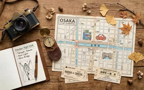 Flatlay-Reise-Arrangement rund um Dotonbori Osaka in Osaka Japan, Karte Kompass Kamera und generische Reiserequisiten - Foto: THN