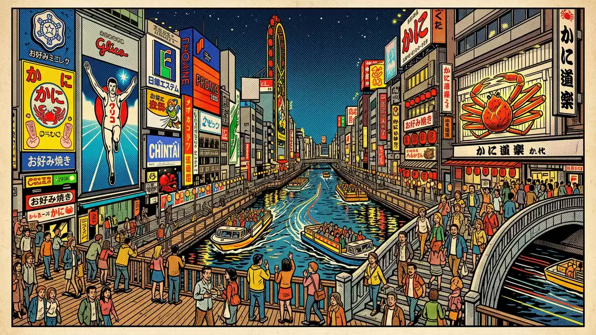 Pop-Art-Comic von Dotonbori Osaka in Osaka, Japan mit Rasterpunkten