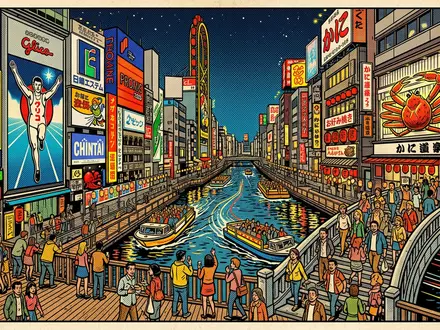 Pop-Art-Comicillustration des Wahrzeichens Dotonbori Osaka in Osaka Japan, kraeftige Konturen Rasterpunkte und satte Farben - Foto: THN