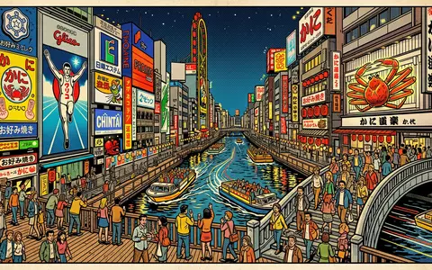 Pop-Art-Comicillustration des Wahrzeichens Dotonbori Osaka in Osaka Japan, kraeftige Konturen Rasterpunkte und satte Farben - Foto: THN