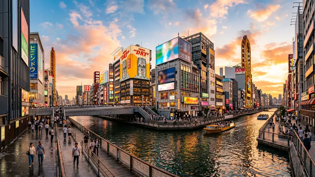 Fotorealistische Ansicht von Dotonbori Osaka in Osaka, Japan im Abendlicht