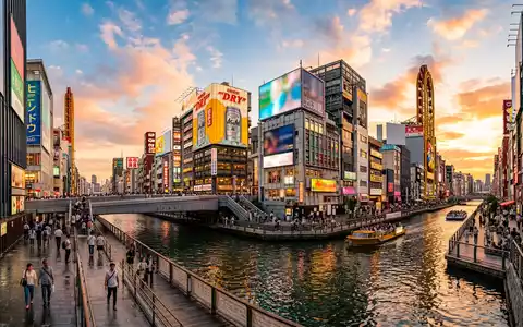 Fotorealistische Panoramaaufnahme von Dotonbori Osaka in Osaka Japan, warmes Abendlicht auf Wahrzeichen - Foto: THN