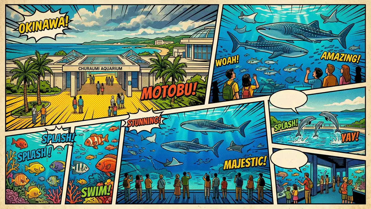 Pop-Art-Comic von Churaumi-Aquarium Okinawa in Motobu, Japan mit Rasterpunkten
