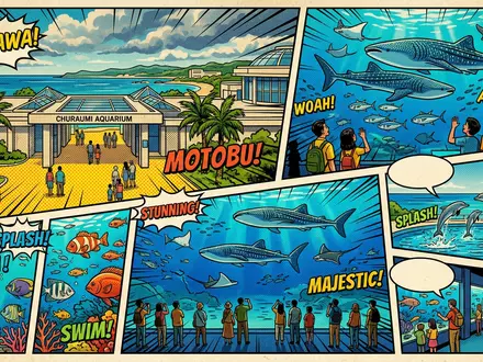 Pop-Art-Comicillustration des Wahrzeichens Churaumi-Aquarium Okinawa in Motobu Japan, kraeftige Konturen Rasterpunkte und satte Farben - Foto: THN