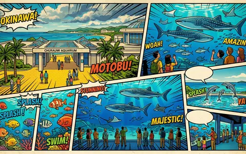 Pop-Art-Comicillustration des Wahrzeichens Churaumi-Aquarium Okinawa in Motobu Japan, kraeftige Konturen Rasterpunkte und satte Farben - Foto: THN