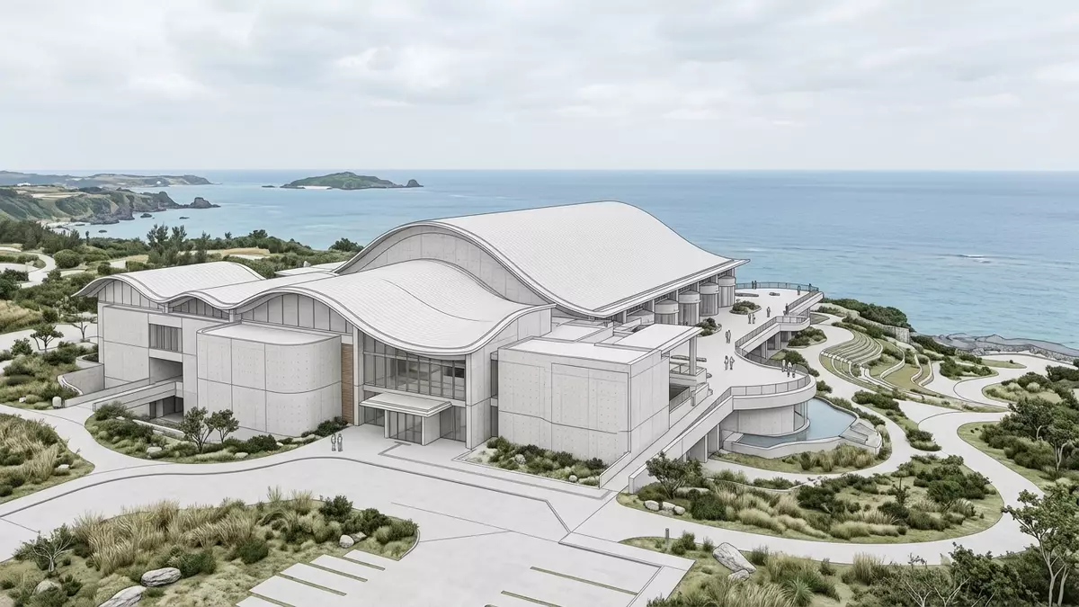 Architektur-Render von Churaumi-Aquarium Okinawa in Motobu, Japan bei Tageslicht