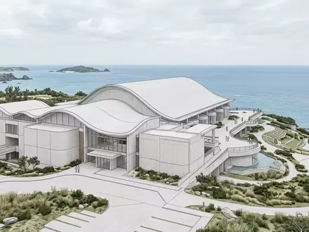 Moderner Architektur-Render zeigt Silhouette von Churaumi-Aquarium Okinawa in Motobu Japan, klare Linien und neutrales Tageslicht - Foto: THN