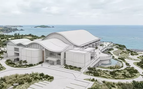 Moderner Architektur-Render zeigt Silhouette von Churaumi-Aquarium Okinawa in Motobu Japan, klare Linien und neutrales Tageslicht - Foto: THN