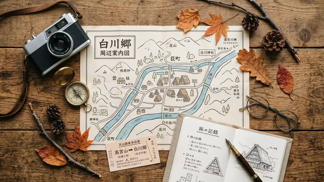 Flatlay-Reise-Arrangement rund um Shirakawa-go in Shirakawa, Japan