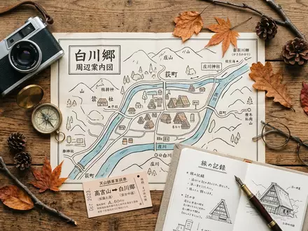 Flatlay-Reise-Arrangement rund um Shirakawa-go in Shirakawa Japan, Karte Kompass Kamera und generische Reiserequisiten - Foto: THN