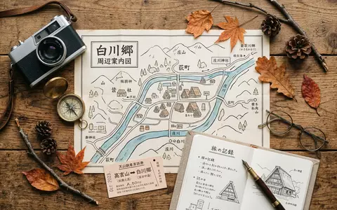 Flatlay-Reise-Arrangement rund um Shirakawa-go in Shirakawa Japan, Karte Kompass Kamera und generische Reiserequisiten - Foto: THN