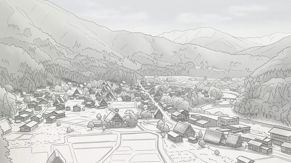 Architektur-Render von Shirakawa-go in Shirakawa, Japan bei Tageslicht