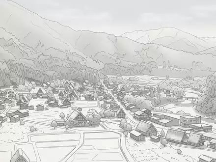 Moderner Architektur-Render zeigt Silhouette von Shirakawa-go in Shirakawa Japan, klare Linien und neutrales Tageslicht - Foto: THN