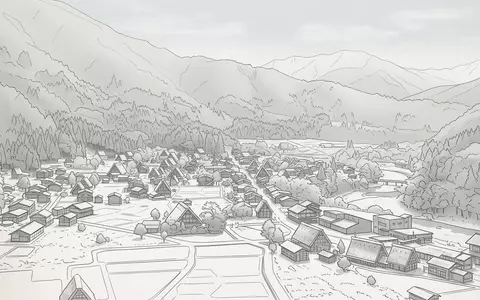 Moderner Architektur-Render zeigt Silhouette von Shirakawa-go in Shirakawa Japan, klare Linien und neutrales Tageslicht - Foto: THN