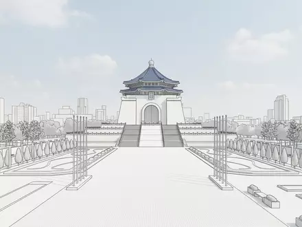 Moderner Architektur-Render zeigt Silhouette von Chiang-Kai-shek-Gedächtnishalle in Taipeh Taiwan, klare Linien und neutrales Tageslicht - Foto: THN