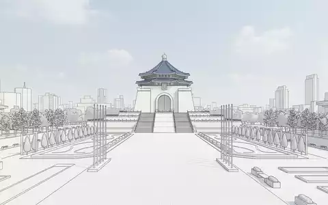 Moderner Architektur-Render zeigt Silhouette von Chiang-Kai-shek-Gedächtnishalle in Taipeh Taiwan, klare Linien und neutrales Tageslicht - Foto: THN