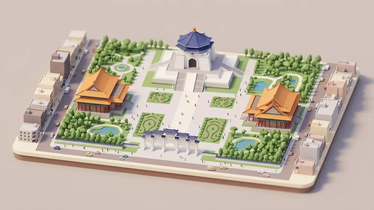 Isometrisches Diorama von Chiang-Kai-shek-Gedächtnishalle in Taipeh, Taiwan in Pastell