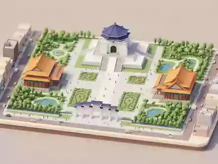 Isometrisches Diorama von Chiang-Kai-shek-Gedächtnishalle und Umgebung in Taipeh Taiwan, verspielte Low-Poly-Kulisse in Pastellfarben - Foto: THN