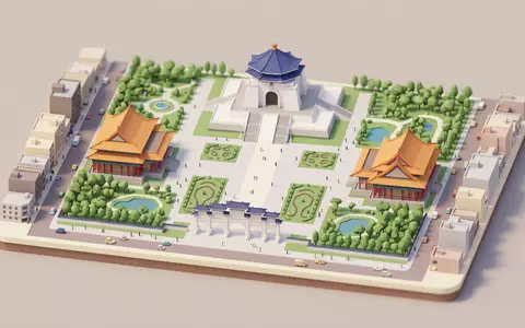 Isometrisches Diorama von Chiang-Kai-shek-Gedächtnishalle und Umgebung in Taipeh Taiwan, verspielte Low-Poly-Kulisse in Pastellfarben - Foto: THN