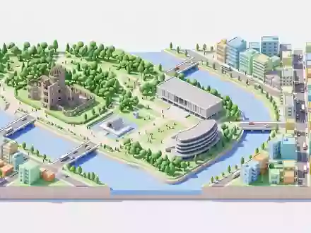 Isometrisches Diorama von Friedenspark Hiroshima und Umgebung in Hiroshima Japan, verspielte Low-Poly-Kulisse in Pastellfarben - Foto: THN