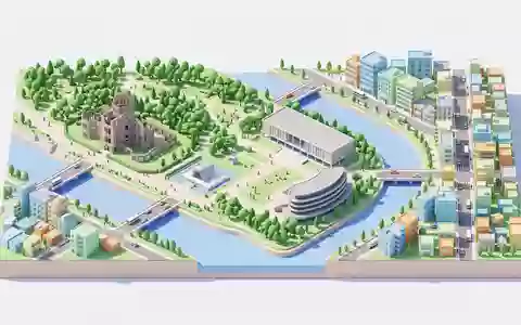 Isometrisches Diorama von Friedenspark Hiroshima und Umgebung in Hiroshima Japan, verspielte Low-Poly-Kulisse in Pastellfarben - Foto: THN