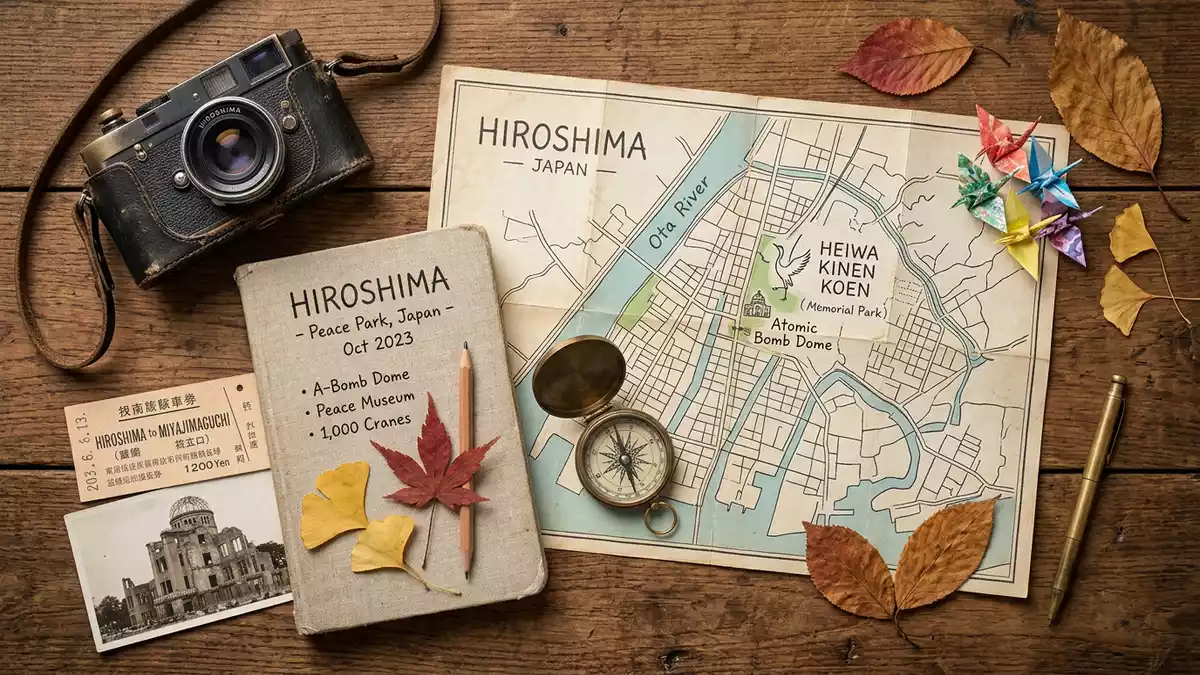 Flatlay-Reise-Arrangement rund um Friedenspark Hiroshima in Hiroshima, Japan