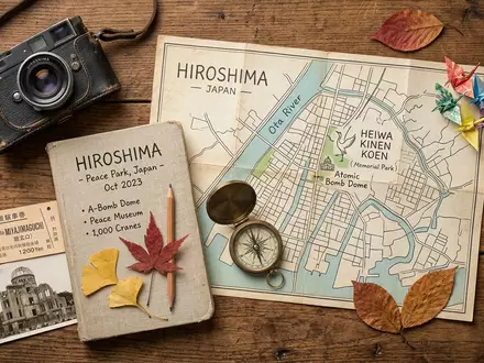 Flatlay-Reise-Arrangement rund um Friedenspark Hiroshima in Hiroshima Japan, Karte Kompass Kamera und generische Reiserequisiten - Foto: THN