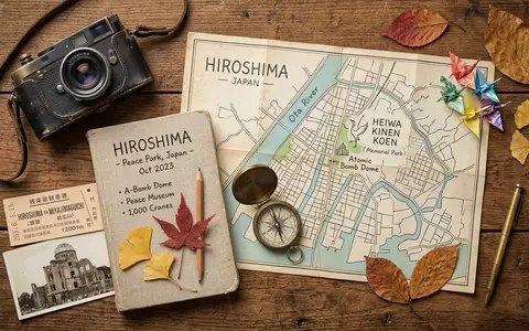 Flatlay-Reise-Arrangement rund um Friedenspark Hiroshima in Hiroshima Japan, Karte Kompass Kamera und generische Reiserequisiten - Foto: THN