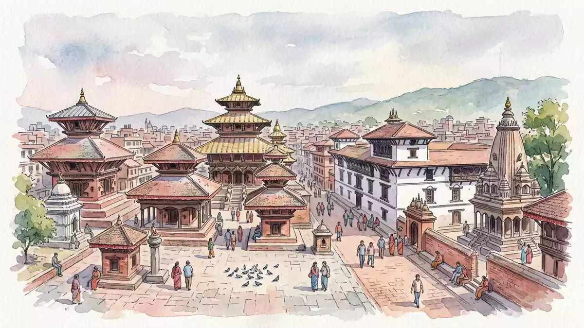 Aquarell-Illustration von Durbar Square Kathmandu in Kathmandu, Nepal als Reiseposter