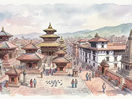 Aquarellillustration des Wahrzeichens Durbar Square Kathmandu in Kathmandu Nepal, weiche Farbverläufe und pastelliges Reiseposter-Feeling - Foto: THN