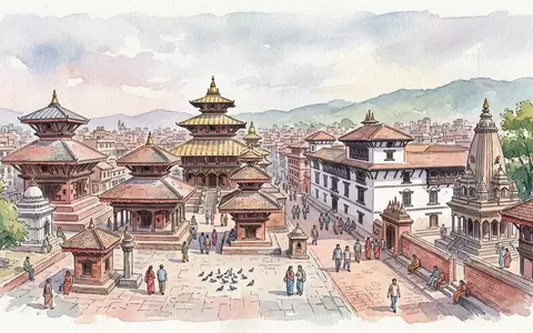 Aquarellillustration des Wahrzeichens Durbar Square Kathmandu in Kathmandu Nepal, weiche Farbverläufe und pastelliges Reiseposter-Feeling - Foto: THN
