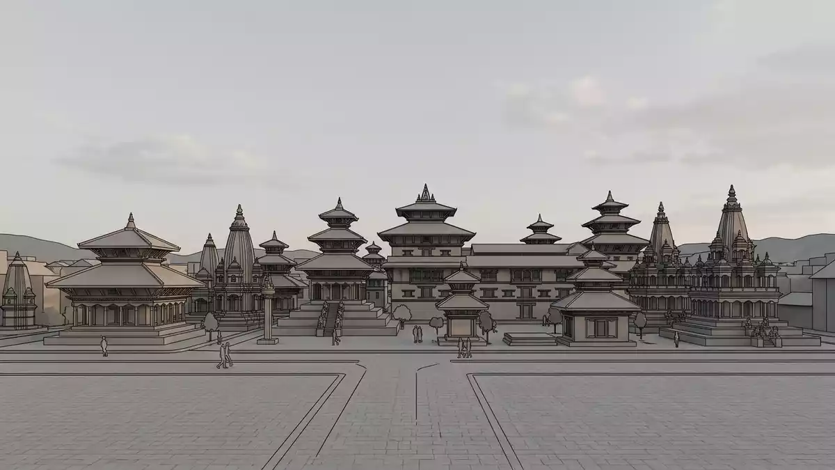 Architektur-Render von Durbar Square Kathmandu in Kathmandu, Nepal bei Tageslicht