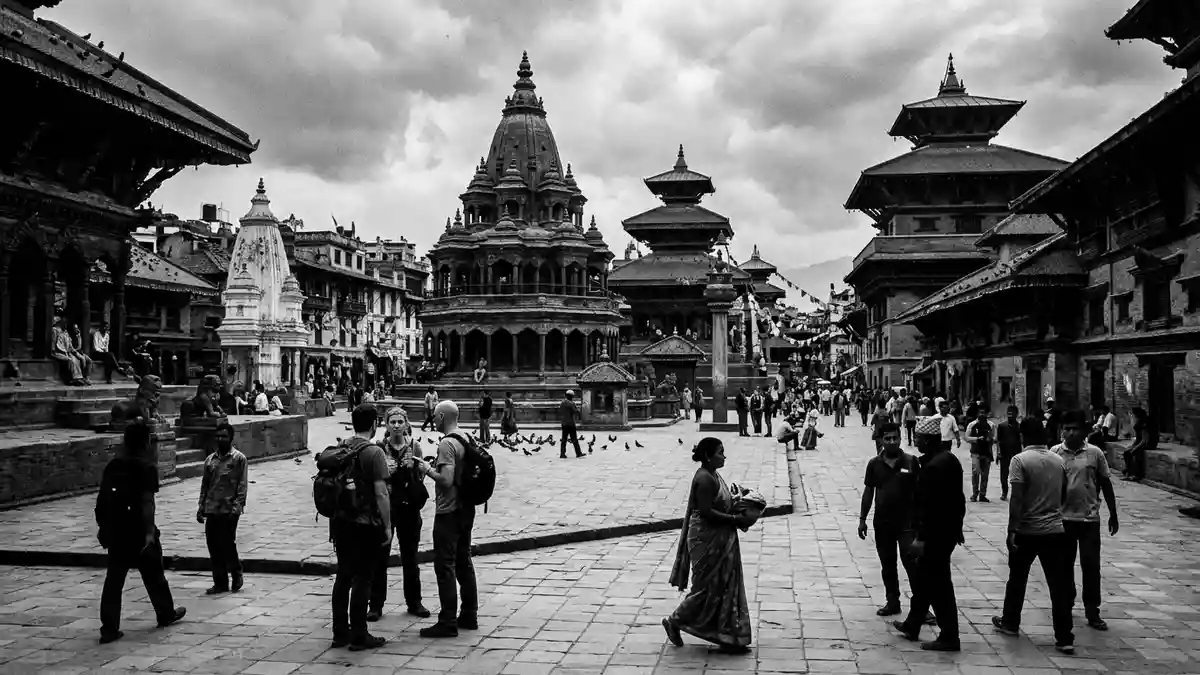 Schwarzweiss-Reportage vom Wahrzeichen Durbar Square Kathmandu in Kathmandu, Nepal