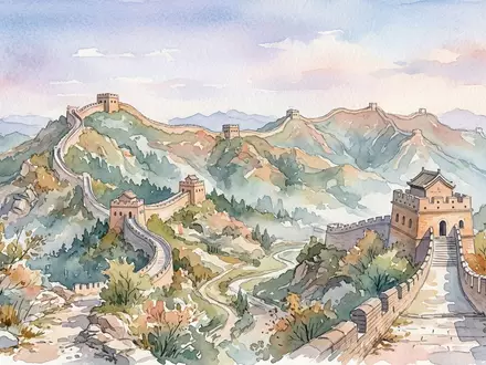 Aquarellillustration des Wahrzeichens Große Mauer von China in Peking China, weiche Farbverläufe und pastelliges Reiseposter-Feeling - Foto: THN