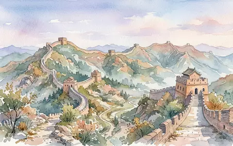 Aquarellillustration des Wahrzeichens Große Mauer von China in Peking China, weiche Farbverläufe und pastelliges Reiseposter-Feeling - Foto: THN