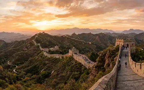 Fotorealistische Panoramaaufnahme von Große Mauer von China in Peking China, warmes Abendlicht auf Wahrzeichen - Foto: THN