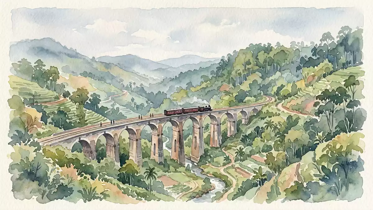 Aquarell-Illustration von Neunbogenbrücke Ella in Ella, Sri Lanka als Reiseposter