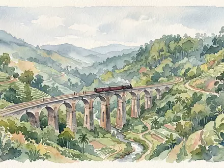 Aquarellillustration des Wahrzeichens Neunbogenbrücke Ella in Ella Sri Lanka, weiche Farbverläufe und pastelliges Reiseposter-Feeling - Foto: THN