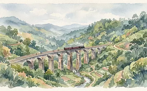 Aquarellillustration des Wahrzeichens Neunbogenbrücke Ella in Ella Sri Lanka, weiche Farbverläufe und pastelliges Reiseposter-Feeling - Foto: THN
