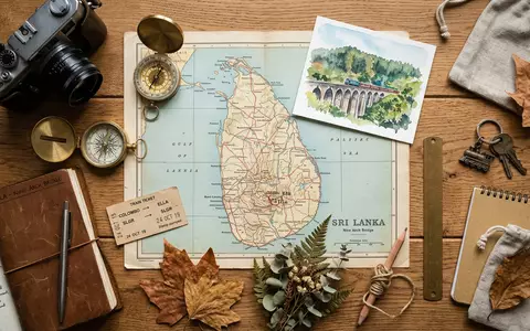 Flatlay-Reise-Arrangement rund um Neunbogenbrücke Ella in Ella Sri Lanka, Karte Kompass Kamera und generische Reiserequisiten - Foto: THN