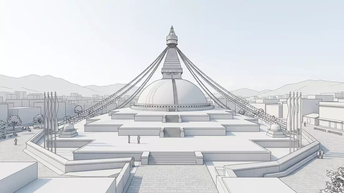 Architektur-Render von Boudhanath Kathmandu in Kathmandu, Nepal bei Tageslicht