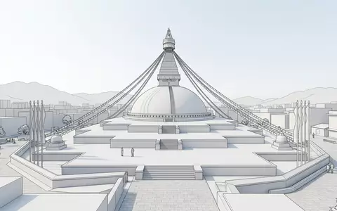Moderner Architektur-Render zeigt Silhouette von Boudhanath Kathmandu in Kathmandu Nepal, klare Linien und neutrales Tageslicht - Foto: THN