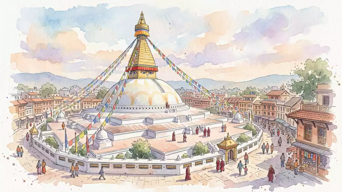 Aquarell-Illustration von Boudhanath Kathmandu in Kathmandu, Nepal als Reiseposter