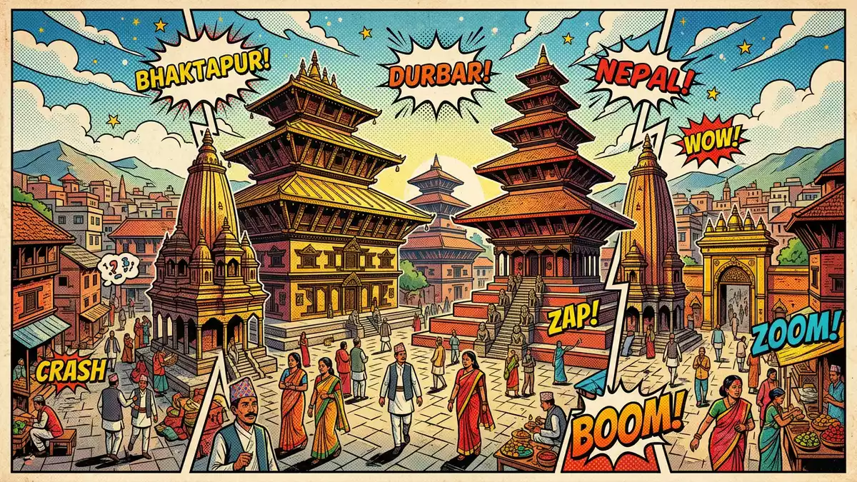 Pop-Art-Comic von Bhaktapur Durbar Square in Bhaktapur, Nepal mit Rasterpunkten