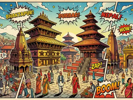 Pop-Art-Comicillustration des Wahrzeichens Bhaktapur Durbar Square in Bhaktapur Nepal, kraeftige Konturen Rasterpunkte und satte Farben - Foto: THN